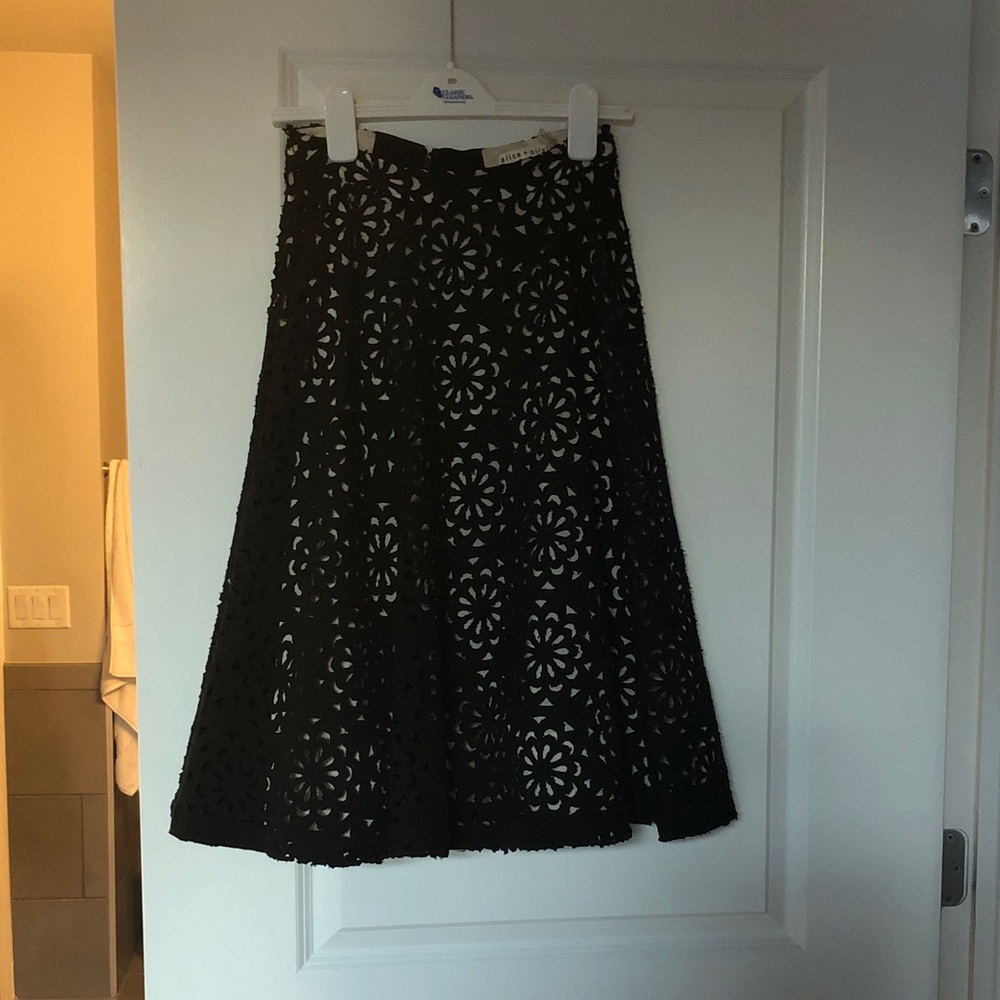 Alice + Olivia Black Eyelet Floral Cutout Midi Skirt